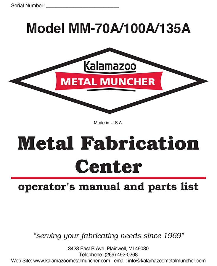 Metal Fabrication Machine Builder Model MM-70A-100A-135A